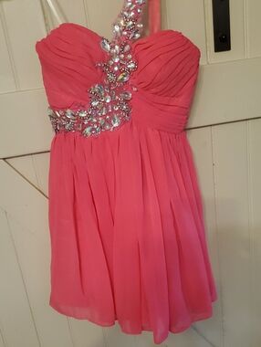 B Darlin Coral One-Shoulder Chiffon Dress with Crystal Embellishment